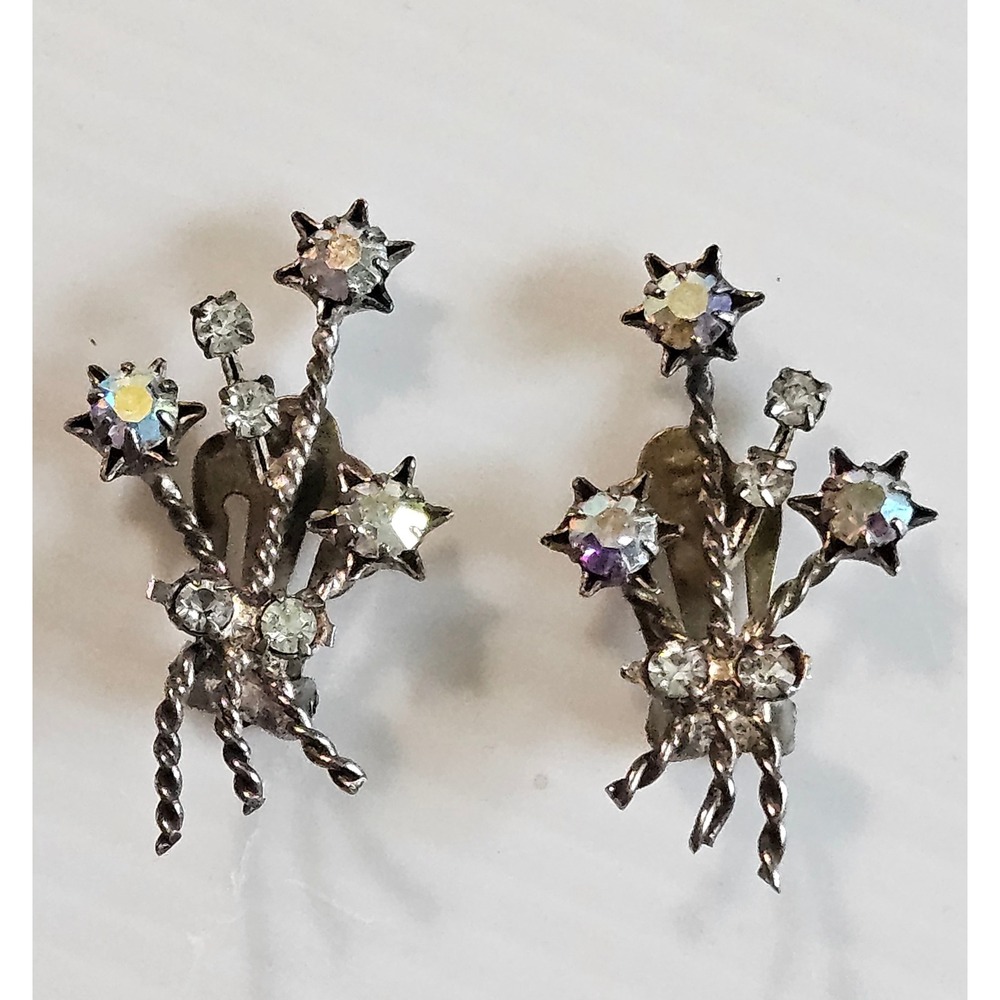 Vintage Austria Aurora Borealis Clip-On Earrings – Floral Starburst Rhinestones